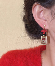 Chinese Style Gold Sterling Silver Alloy Asymmetric Abacus Chinese Knot Tassel Drop Earrings