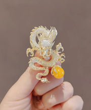 Chinese Style Gold Sterling Silver Alloy Zircon Golden Dragon Playing With Pearl Brooches