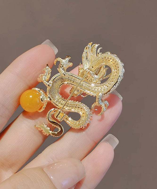 Chinese Style Gold Sterling Silver Alloy Zircon Golden Dragon Playing With Pearl Brooches