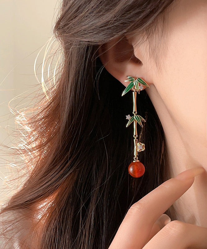 Chinese Style Gold Sterling Silver Overgild Agate Bamboo Joint Tassel Drop Earrings