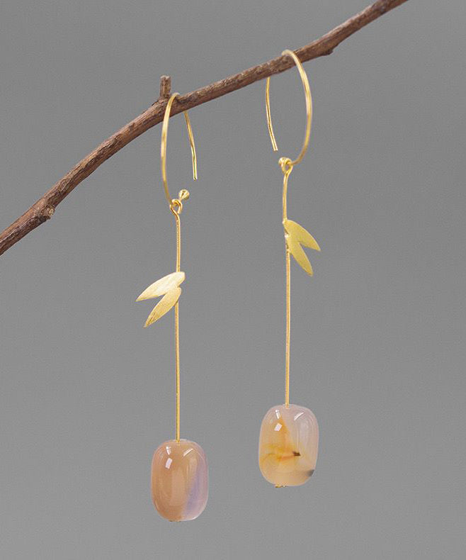 Chinese Style Gold Sterling Silver Overgild Agate Drop Earrings