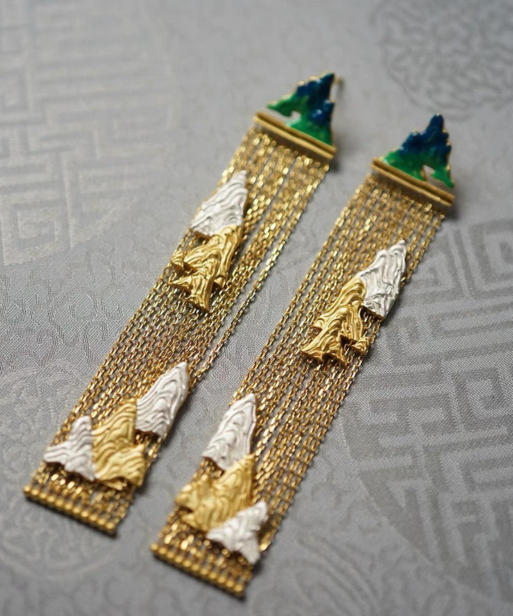 Chinese Style Gold Sterling Silver Overgild Enamel Chain Tassel Drop Earrings