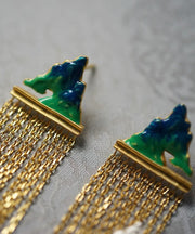 Chinese Style Gold Sterling Silver Overgild Enamel Chain Tassel Drop Earrings