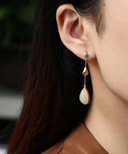 Chinese Style Gold Sterling Silver Overgild Turquoise Jade Water Drop Drop Earrings