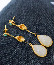 Chinese Style Gold Sterling Silver Overgild Turquoise Jade Water Drop Drop Earrings