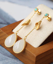 Chinese Style Gold Sterling Silver Overgild Turquoise Jade Water Drop Drop Earrings