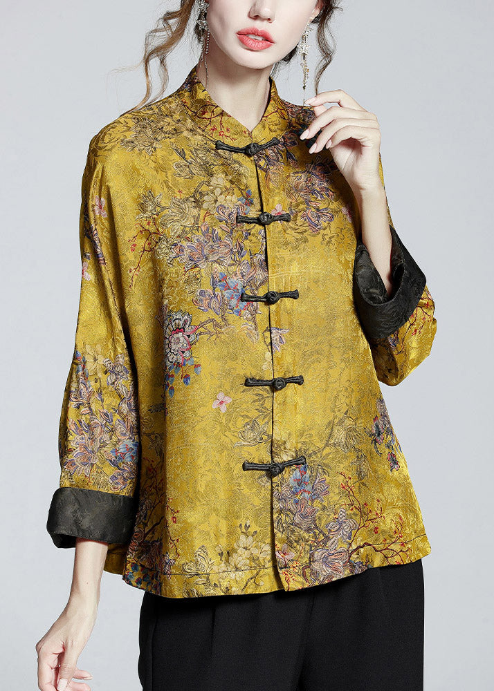 Chinese Style Print4 Stand Collar Button Print Silk Coats Long Sleeve