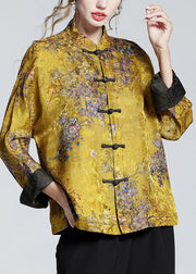 Chinese Style Red flower Stand Collar Button Print Silk Coats Long Sleeve