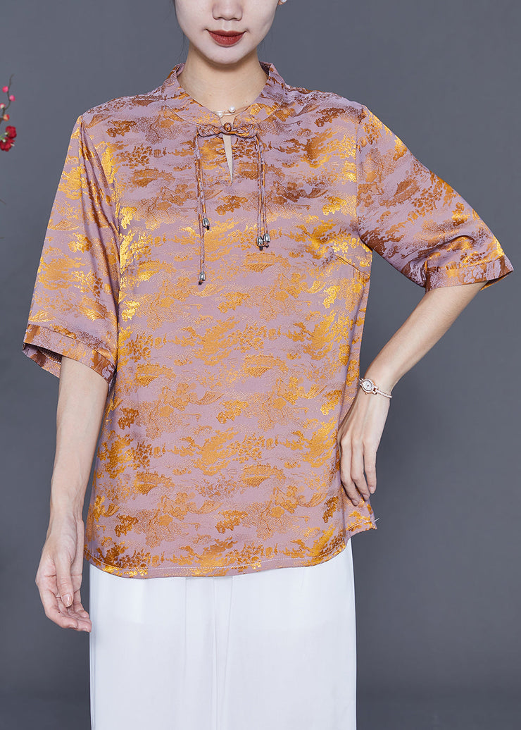 Chinese Style Golden Purple Mandarin Collar Tassel Print Silk Shirts Summer