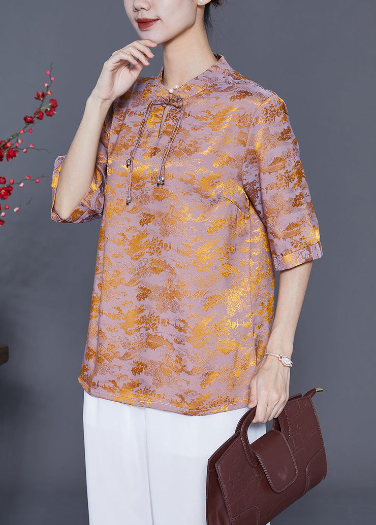 Chinese Style Golden Purple Mandarin Collar Tassel Print Silk Shirts Summer