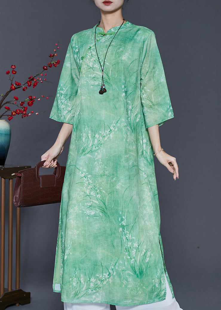 Chinese Style Grass Green Print Linen Vacation Dresses Summer