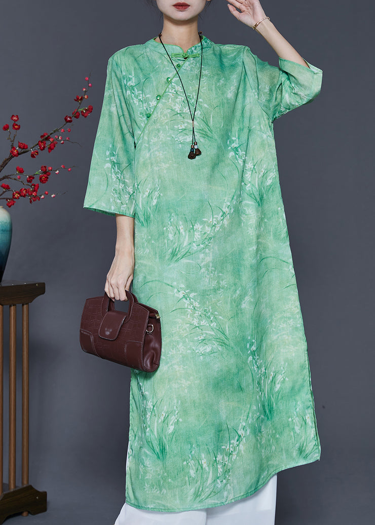 Chinese Style Grass Green Print Linen Vacation Dresses Summer