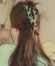 Chinese Style Green Alloy Jade Pearl Bamboo Leaf Tassel Hairpin