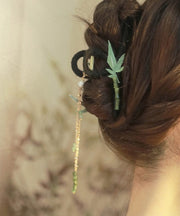 Chinese Style Green Alloy Jade Pearl Bamboo Leaf Tassel Hairpin