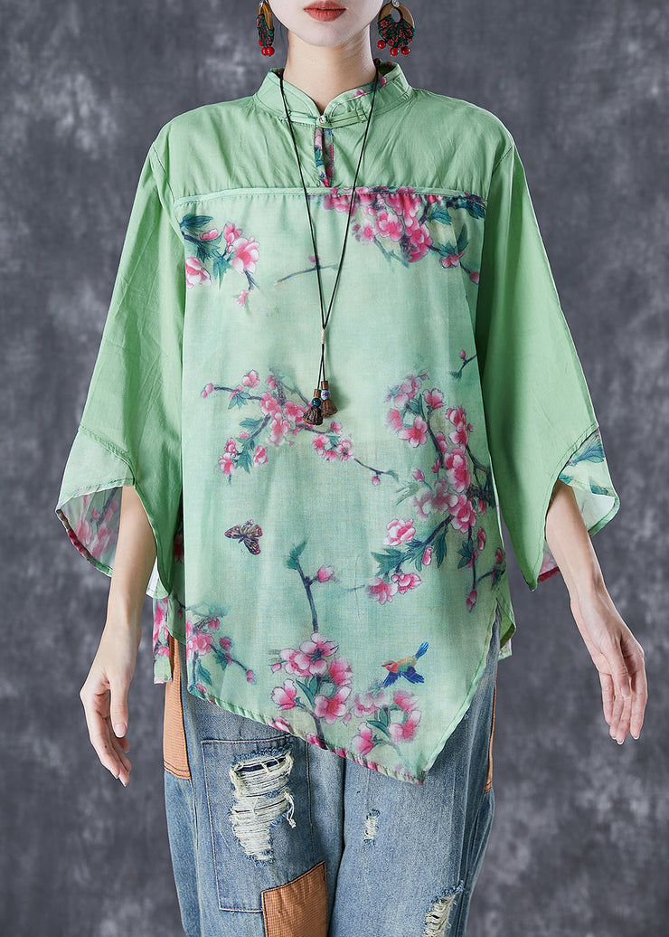 Chinese Style Green Asymmetrical Patchwork Print Linen Blouse Tops Fall