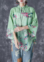 Chinese Style Green Asymmetrical Patchwork Print Linen Blouse Tops Fall