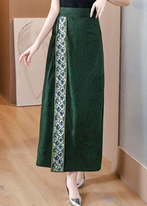 Chinese Style Green Asymmetrical Print Silk Skirts Spring