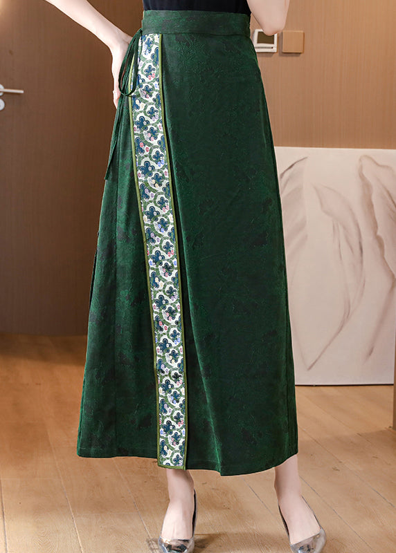 Chinese Style Green Asymmetrical Print Silk Skirts Spring