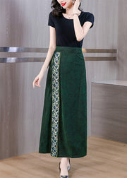 Chinese Style Green Asymmetrical Print Silk Skirts Spring
