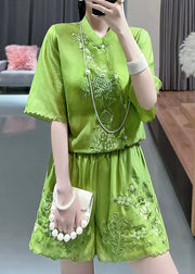 Chinese Style Green Button Embroideried Silk Cotton Two Pieces Set Sleeve