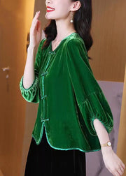 Chinese Style Green Button Patchwork Velour Tops Lantern Sleeve