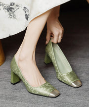 Chinese Style Green Chunky Heel Satin Square Toe