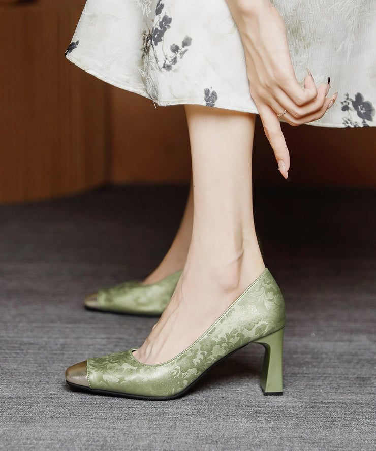 Chinese Style Green Chunky Heel Satin Square Toe