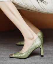 Chinese Style Green Chunky Heel Satin Square Toe