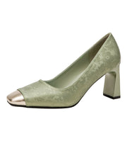 Chinese Style Green Chunky Heel Satin Square Toe