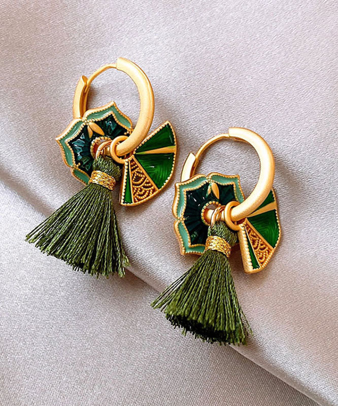 Chinese Style Green Copper Alloy Tassel Hoop Earrings