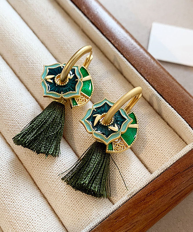 Chinese Style Green Copper Alloy Tassel Hoop Earrings