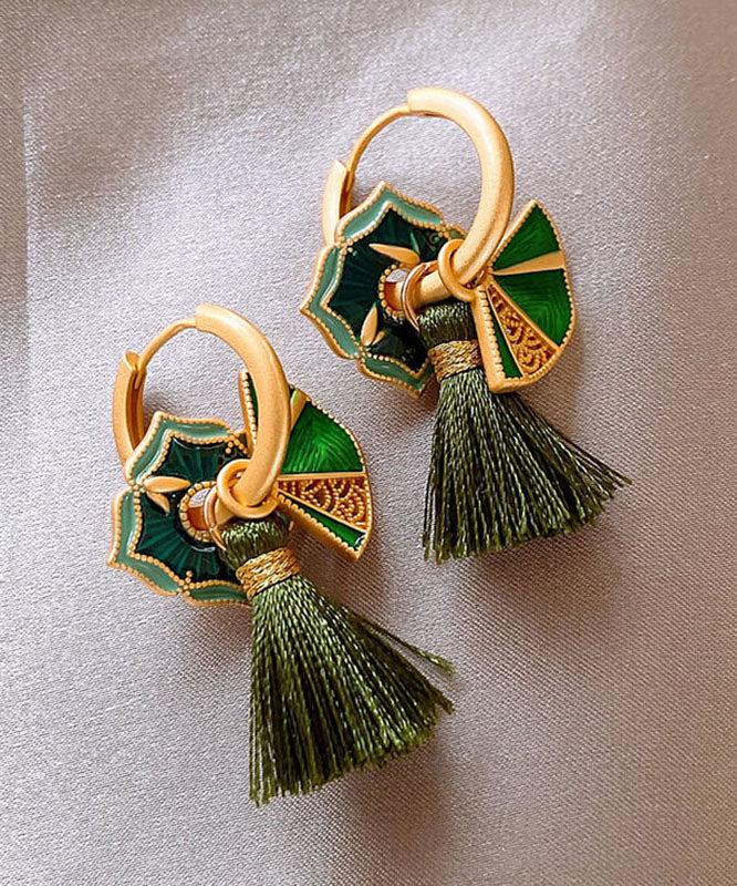 Chinese Style Green Copper Alloy Tassel Hoop Earrings