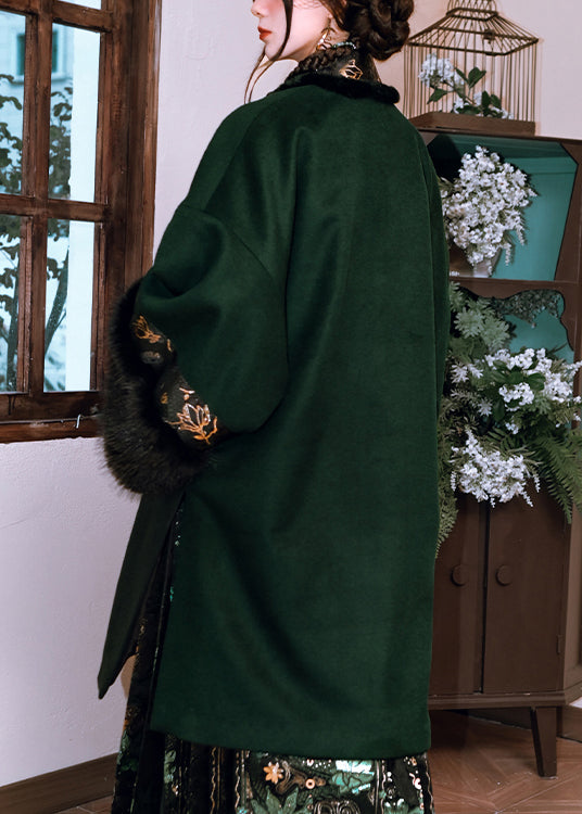 Chinese Style Green Embroidered Patchwork Warm Fleece Coat Spring