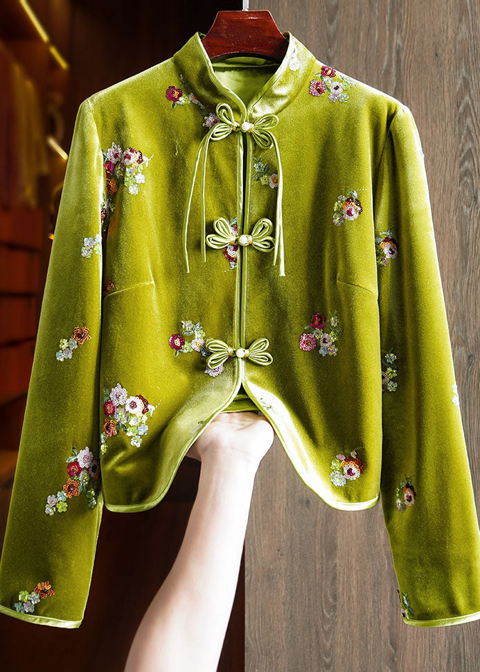 Chinese Style Green Embroidered Button Silk Velour Coats Long Sleeve