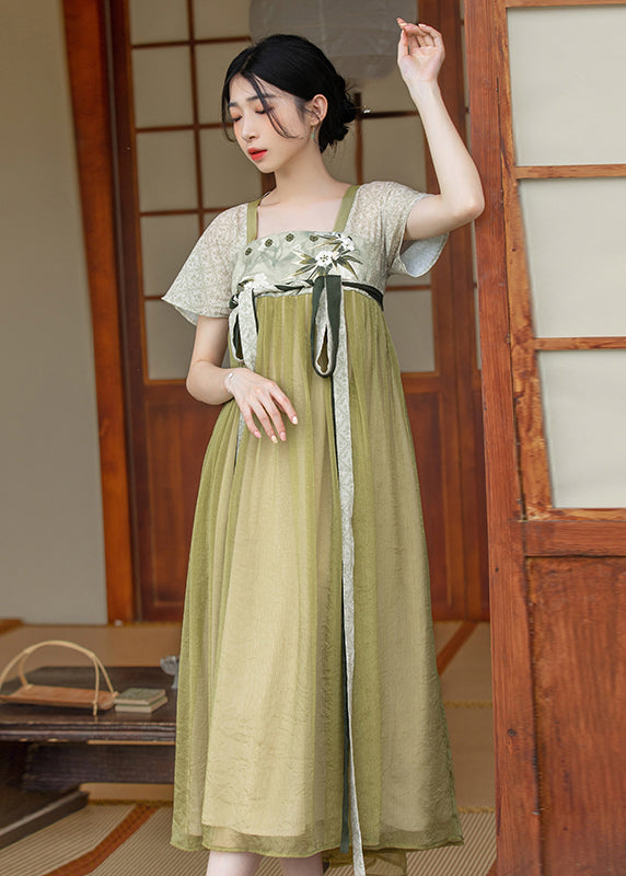 Chinese Style Green Embroideried Lace Up Patchwork Chiffon Dress Summer