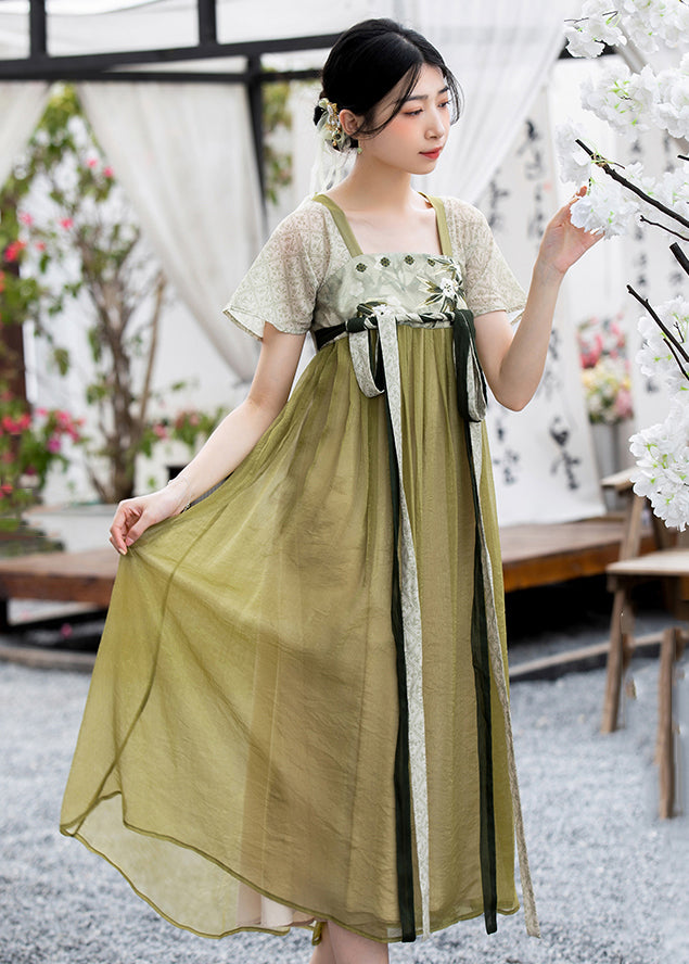 Chinese Style Green Embroideried Lace Up Patchwork Chiffon Dress Summer