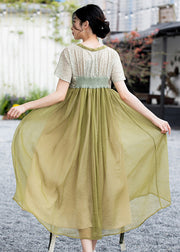 Chinese Style Green Embroideried Lace Up Patchwork Chiffon Dress Summer