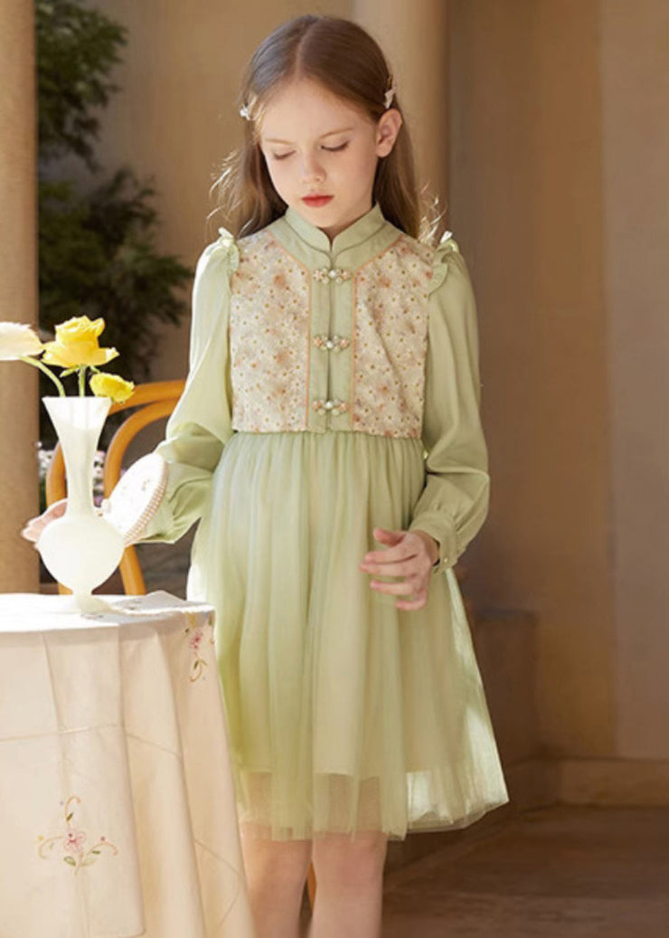 Chinese Style Green Embroideried Ruffled Tulle Patchwork Girls Mid Dress Fall