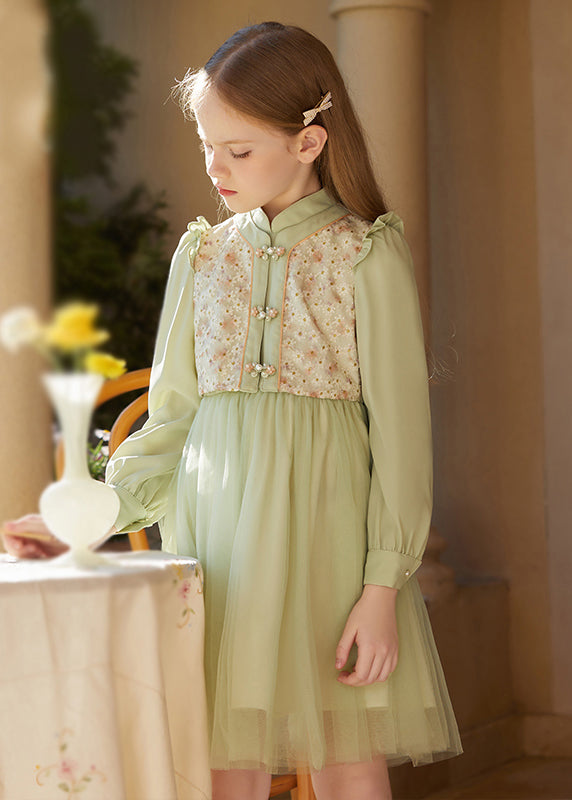 Chinese Style Green Embroideried Ruffled Tulle Patchwork Girls Mid Dress Fall