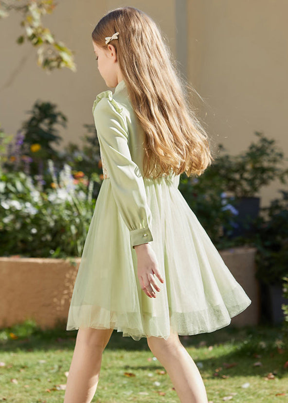 Chinese Style Green Embroideried Ruffled Tulle Patchwork Girls Mid Dress Fall