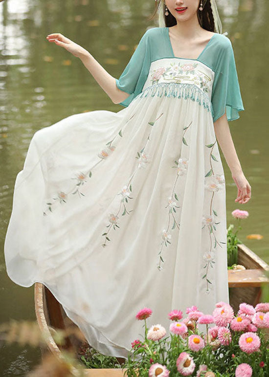 Chinese Style Green Embroideried Tasseled Patchwork Chiffon Long Dresses Summer