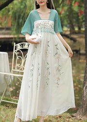 Chinese Style Green Embroideried Tasseled Patchwork Chiffon Long Dresses Summer