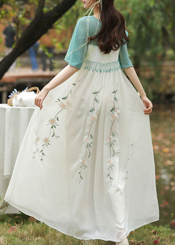 Chinese Style Green Embroideried Tasseled Patchwork Chiffon Long Dresses Summer