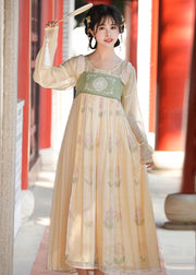 Chinese Style Green Embroideried Wrinkled Patchwork Chiffon Two Pieces Set Long Sleeve