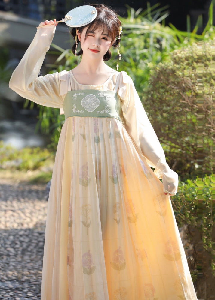 Chinese Style Green Embroideried Wrinkled Patchwork Chiffon Two Pieces Set Long Sleeve