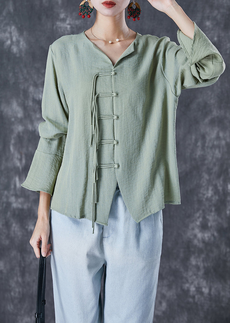 Chinese Style Green Grey Tasseled Linen Shirt Top Flare Sleeve