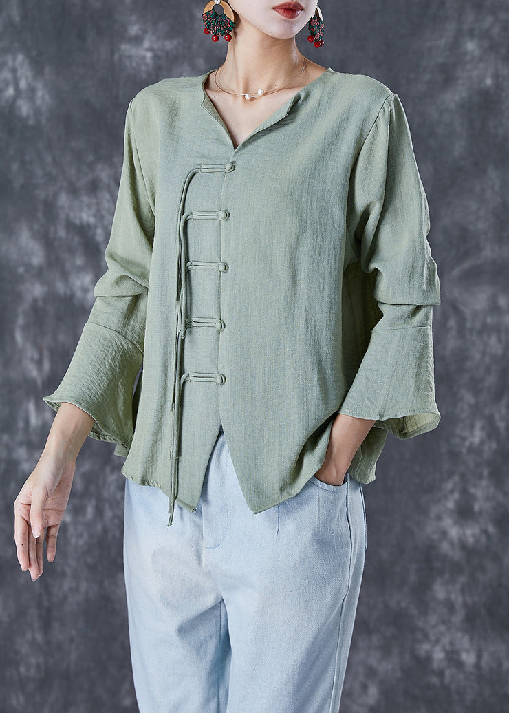 Chinese Style Green Grey Tasseled Linen Shirt Top Flare Sleeve