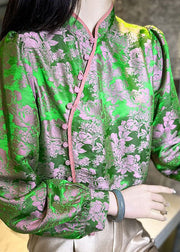 Chinese Style Green Jacquard Oriental Button Patchwork Silk Shirts Spring