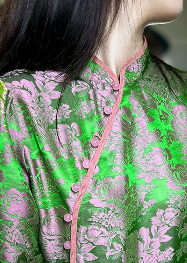 Chinese Style Green Jacquard Oriental Button Patchwork Silk Shirts Spring