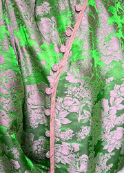 Chinese Style Green Jacquard Oriental Button Patchwork Silk Shirts Spring